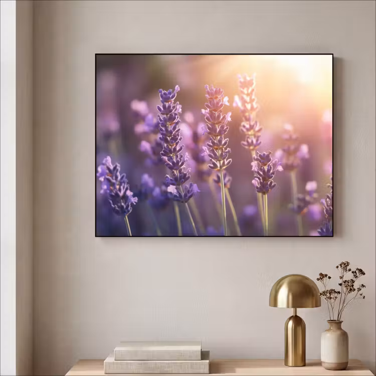 Lavendelbloemen - Paars - Zonlicht Textielframe zwart klein -sfeer2
