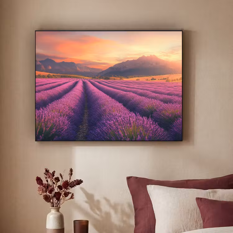 Lavendelveld - Zonsondergang - Paars Textielframe - compleet frame klein -sfeer1