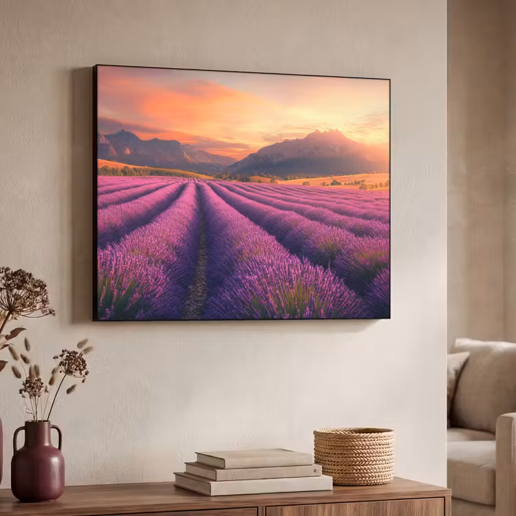 Lavendelveld - Zonsondergang - Paars Textielframe - compleet frame klein -sfeer3