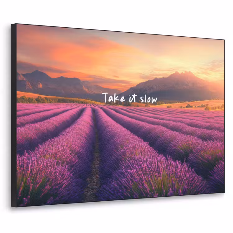 Lavendelveld - Quote - Zonsondergang Textielframe zwart klein -3d