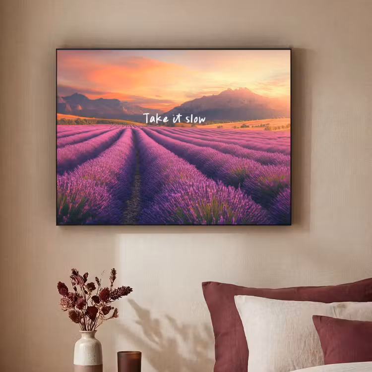 Lavendelveld - Quote - Zonsondergang Textielframe - compleet frame klein -sfeer1