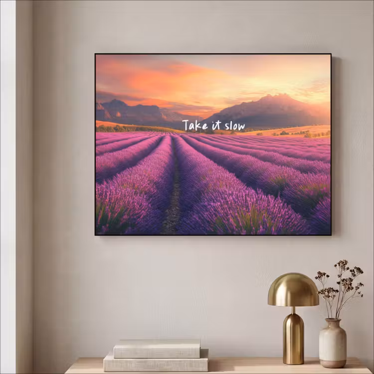 Lavendelveld - Quote - Zonsondergang Textielframe - compleet frame klein -sfeer2