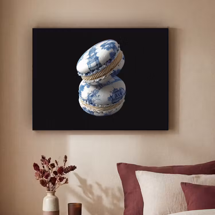 Eten - Macarons - Delfts blauw - Koekjes Textielframe zwart klein -sfeer1