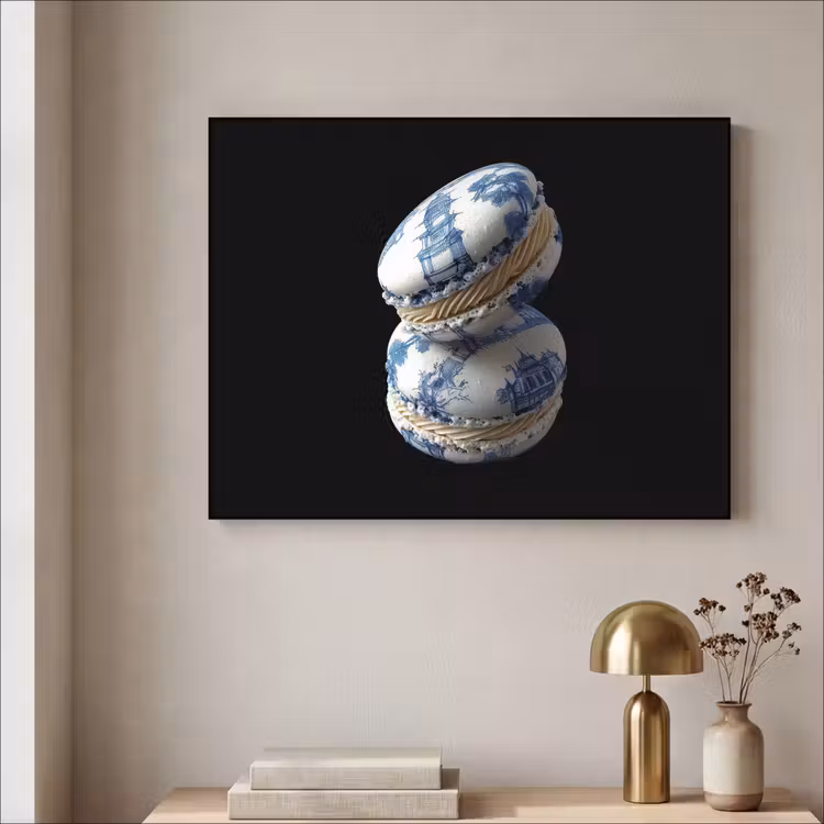 Eten - Macarons - Delfts blauw - Koekjes Textielframe zwart klein -sfeer2