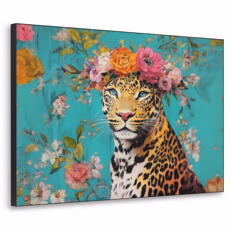 Luipaard - Bloemen - Kroon Textielframe zwart klein -3d