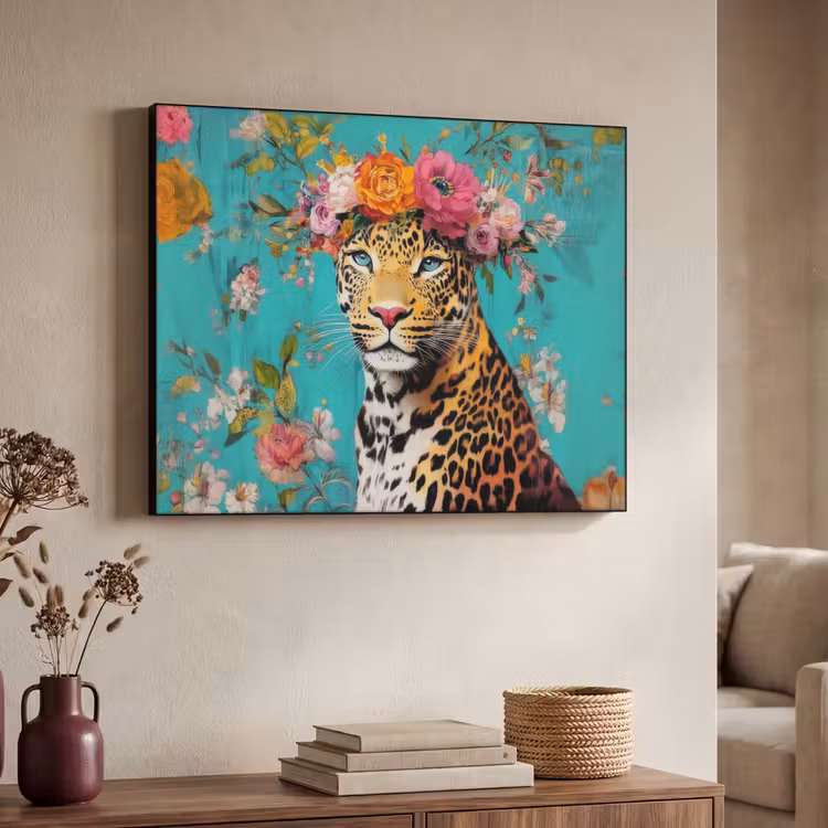 Luipaard - Bloemen - Kroon Textielframe zwart klein -sfeer3
