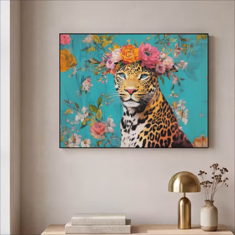 Luipaard - Bloemen - Kroon Textielframe - compleet frame klein -sfeer2