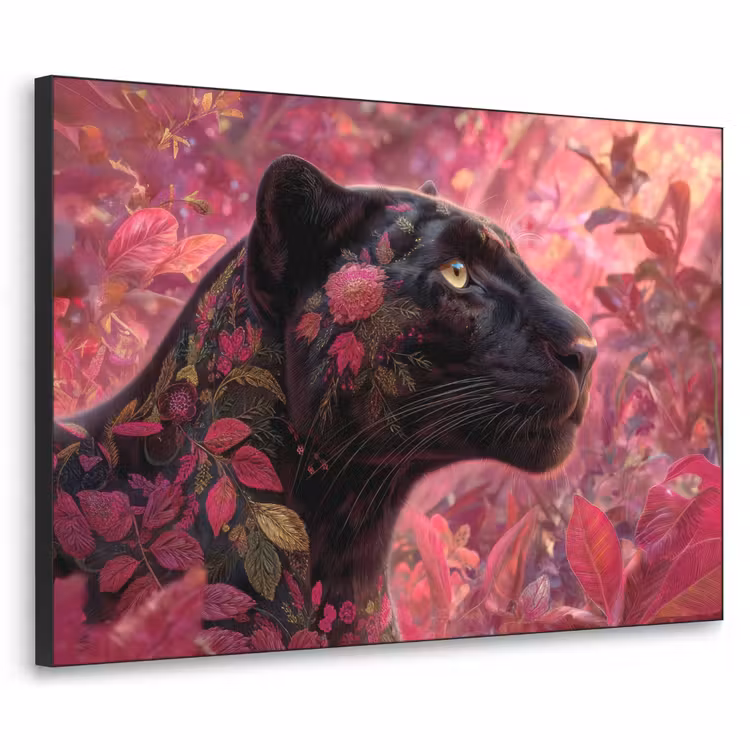 Luipaard - Bloemen - Roze Textielframe zwart klein -3d