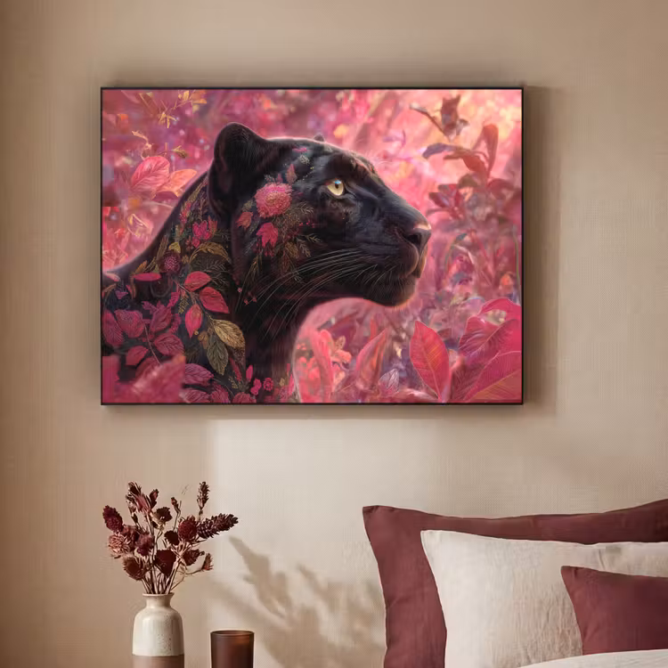 Luipaard - Bloemen - Roze Textielframe zwart klein -sfeer1