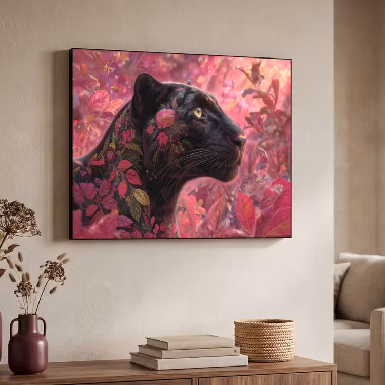 Luipaard - Bloemen - Roze Textielframe zwart klein -sfeer3