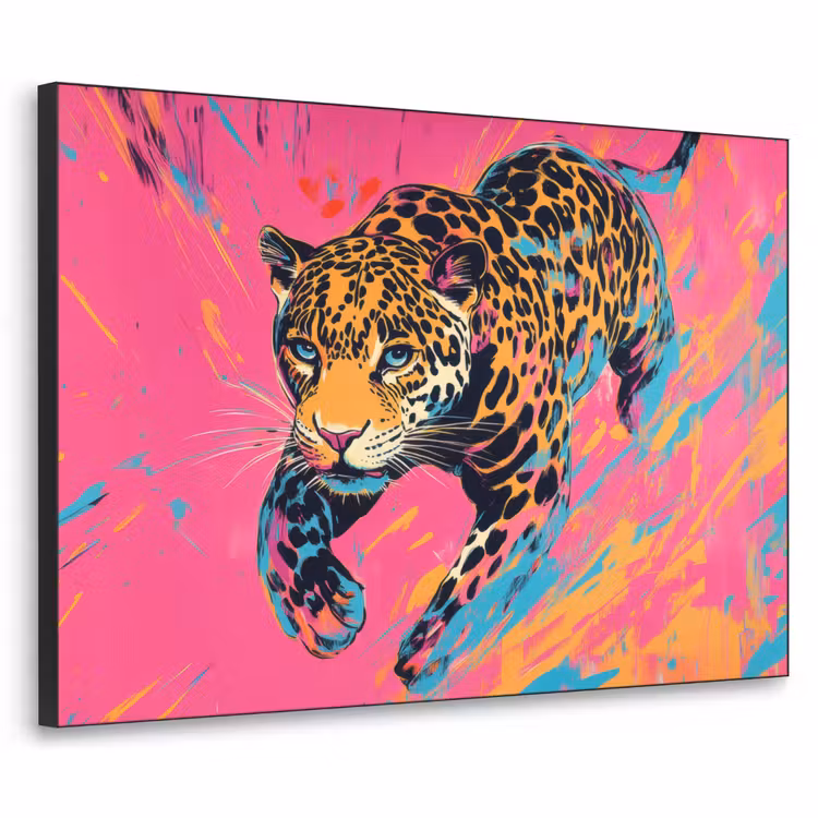 Luipaard - Roze - Oranje - Blauw - Verf Textielframe zwart klein -3d
