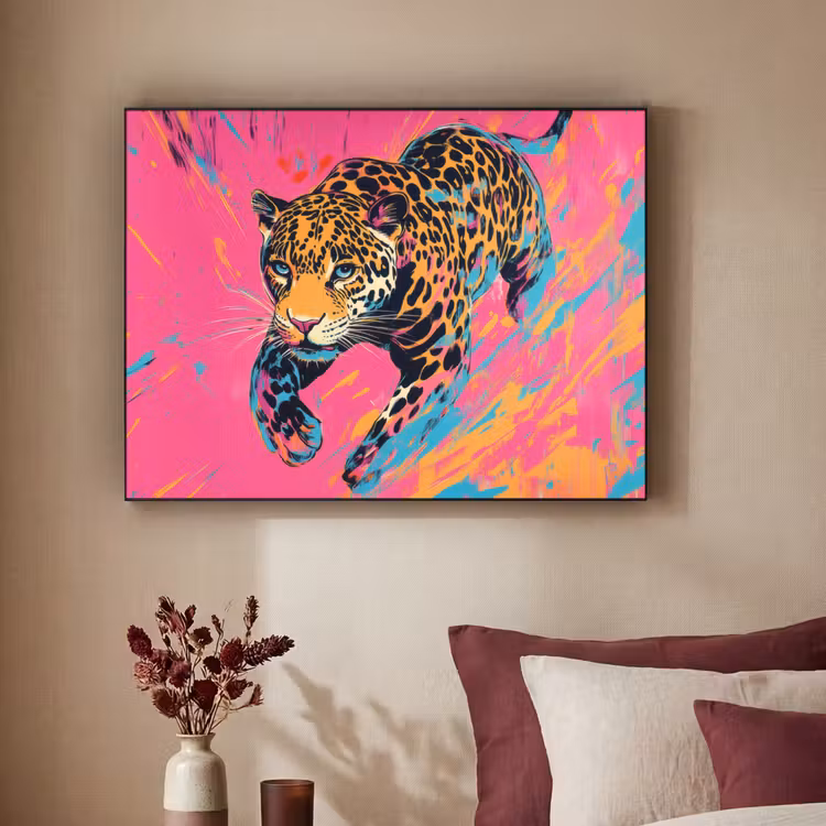 Luipaard - Roze - Oranje - Blauw - Verf Textielframe - compleet frame klein -sfeer1