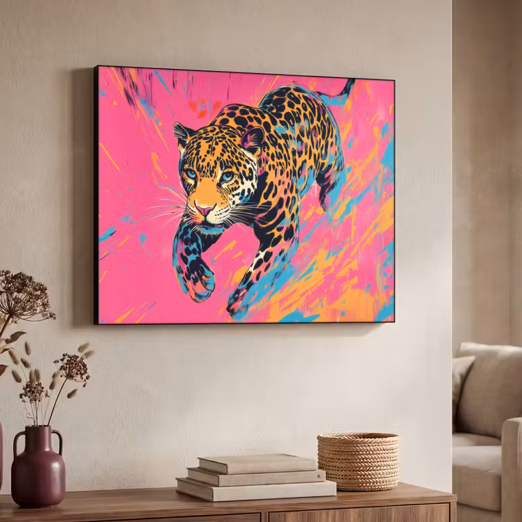 Luipaard - Roze - Oranje - Blauw - Verf Textielframe zwart klein -sfeer3