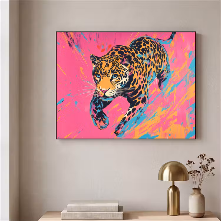 Luipaard - Roze - Oranje - Blauw - Verf Textielframe zwart klein -sfeer2