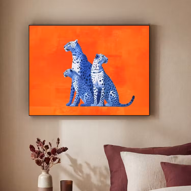 Luipaarden - Stippen - Oranje Textielframe - compleet frame klein -sfeer1
