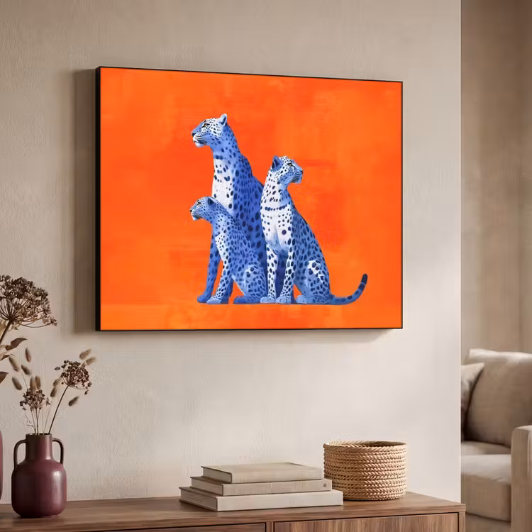 Luipaarden - Stippen - Oranje Textielframe - compleet frame klein -sfeer3