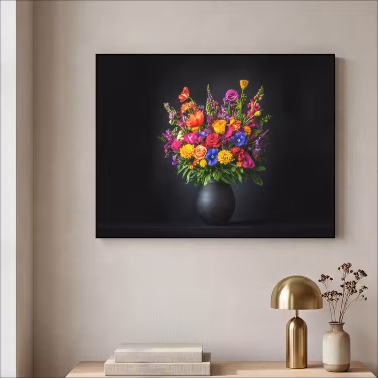 Felgekleurd - Bloemen - Vaas Textielframe zwart klein -sfeer2