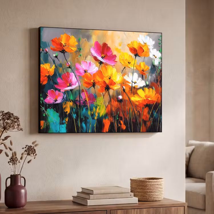 Felgekleurd - Bloemblaadjes - Abstract Textielframe zwart klein -sfeer3