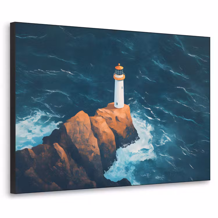 Vuurtoren - Rots - Zee - Golven Textielframe zwart klein -3d