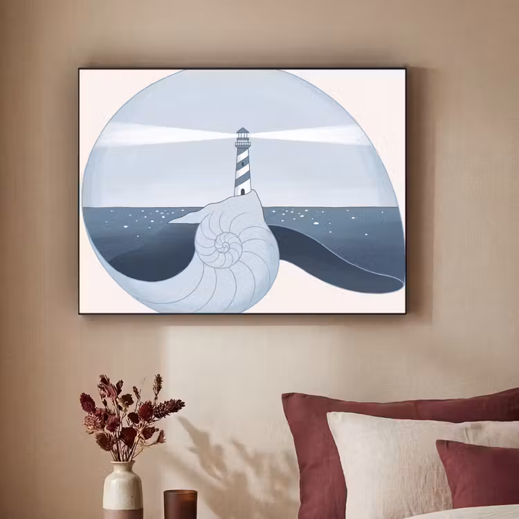 Vuurtoren - Zee - Schelp - Abstract - Blauw Textielframe zwart klein -sfeer1