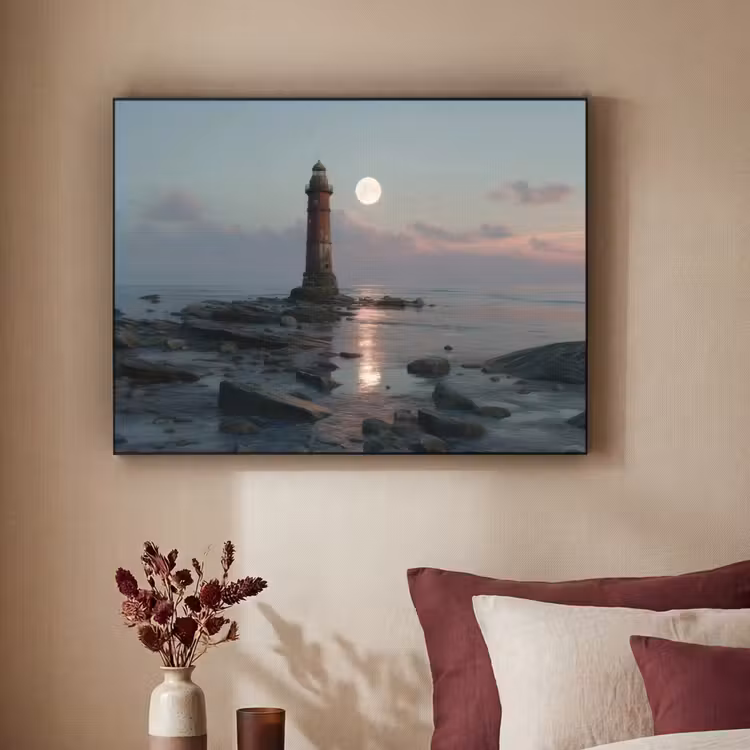 Vuurtoren - Stenen - Water - Maan Textielframe zwart klein -sfeer1