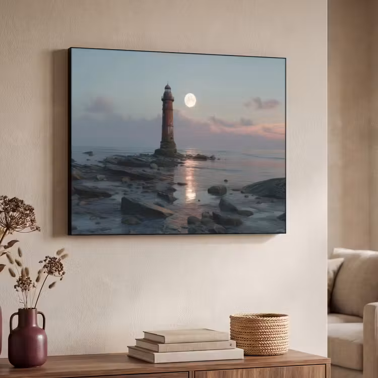 Vuurtoren - Stenen - Water - Maan Textielframe zwart klein -sfeer3
