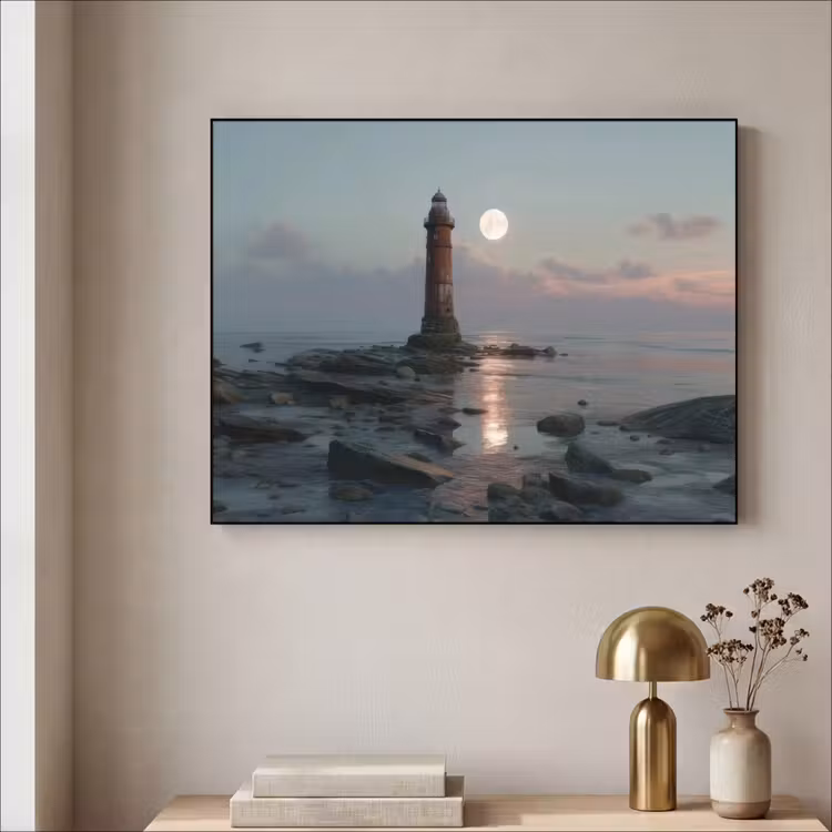 Vuurtoren - Stenen - Water - Maan Textielframe - compleet frame klein -sfeer2
