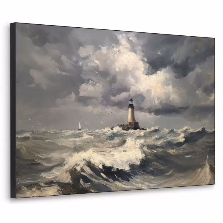 Vuurtoren - Golven - Storm Textielframe zwart klein -3d