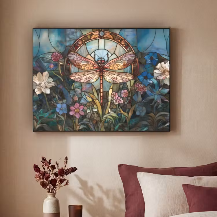 Libelle - Mozaïek - Bloemen - Kleurrijk Textielframe zwart klein -sfeer1