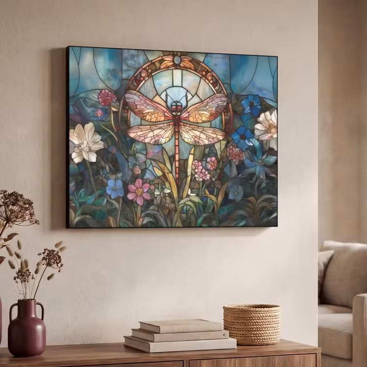Libelle - Mozaïek - Bloemen - Kleurrijk Textielframe zwart klein -sfeer3