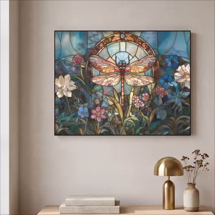 Libelle - Mozaïek - Bloemen - Kleurrijk Textielframe - compleet frame klein -sfeer2
