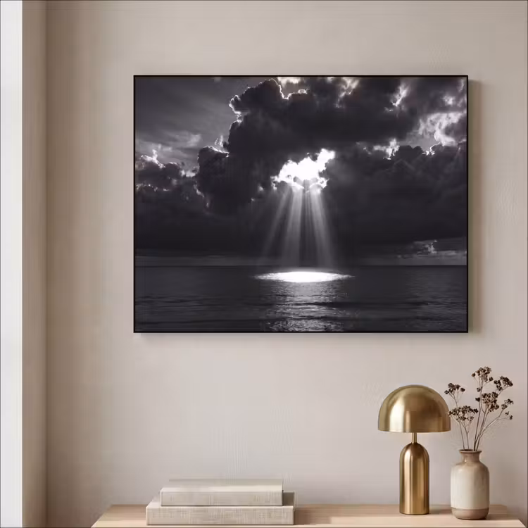 Licht - Wolken - Zee - Zwart-wit - Natuur Textielframe zwart klein -sfeer2