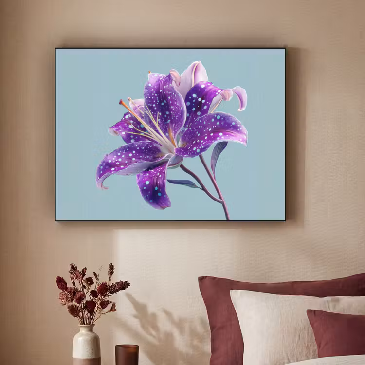 Lelie - Bloem - Paars - Stippen Textielframe zwart klein -sfeer1