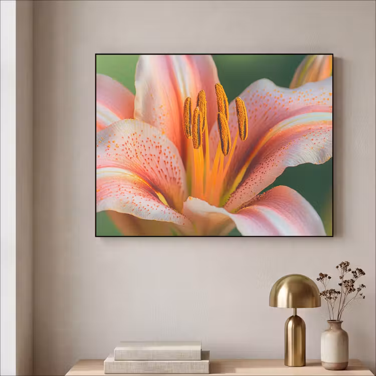 Lelie - Close up - Lichtroze Textielframe zwart klein -sfeer2
