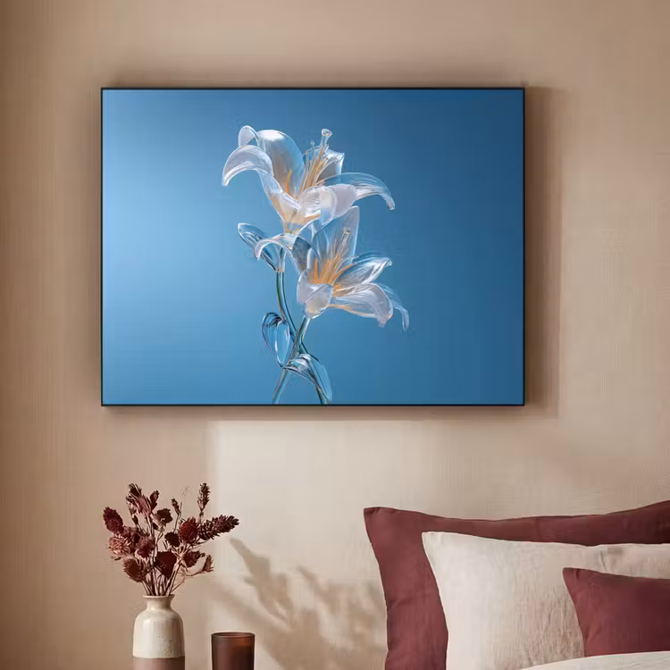 Lelies - Blauw - Glazen Textielframe zwart klein -sfeer1