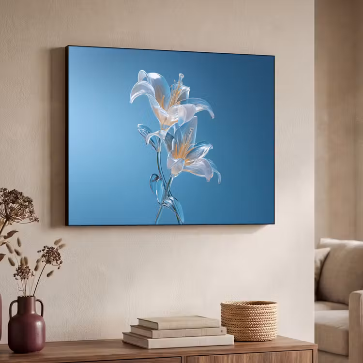 Lelies - Blauw - Glazen Textielframe - compleet frame klein -sfeer3
