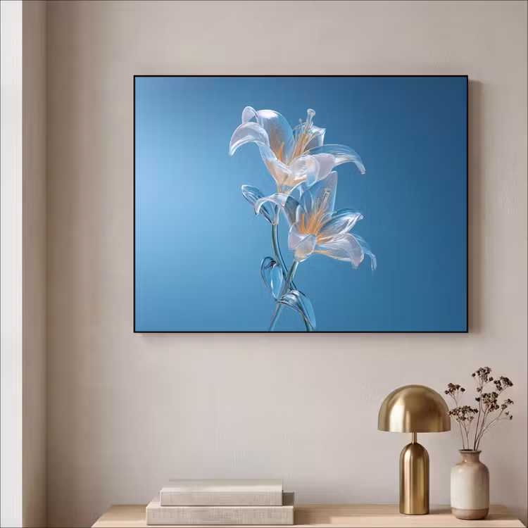 Lelies - Blauw - Glazen Textielframe - compleet frame klein -sfeer2