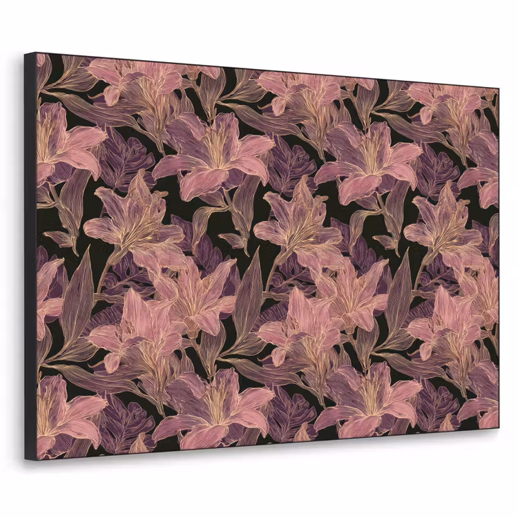 Lelies - Patroon - Paars - Goud Textielframe zwart klein 947 -3d