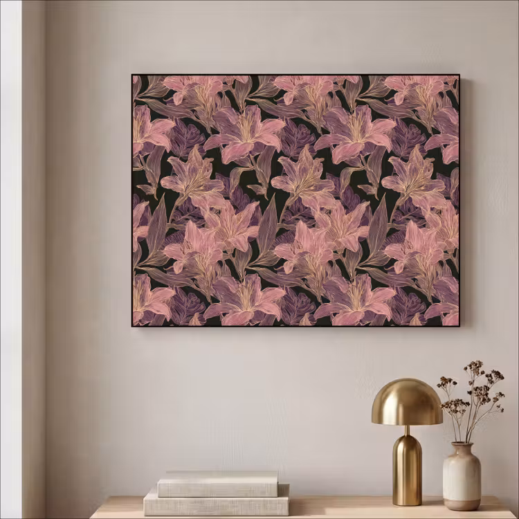 Lelies - Patroon - Paars - Goud Textielframe zwart klein 947 -sfeer2