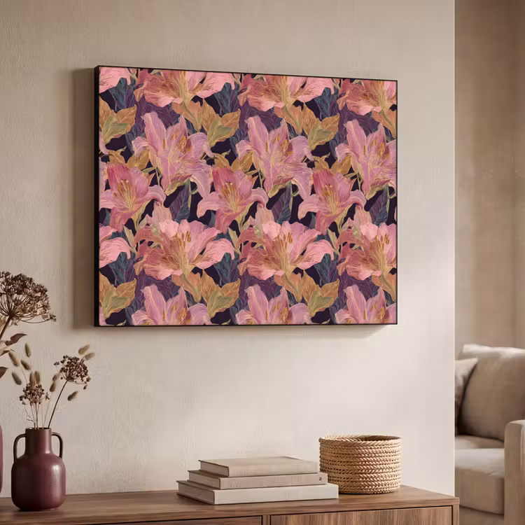 Lelies - Patroon - Roze - Goud Textielframe zwart klein 947 -sfeer3
