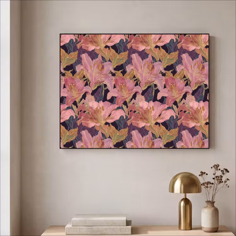 Lelies - Patroon - Roze - Goud Textielframe zwart klein 947 -sfeer2