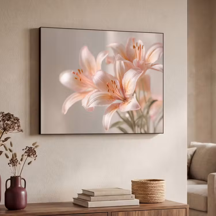 Lelies - Meeldraden - Roze - Wazig Textielframe zwart klein -sfeer3