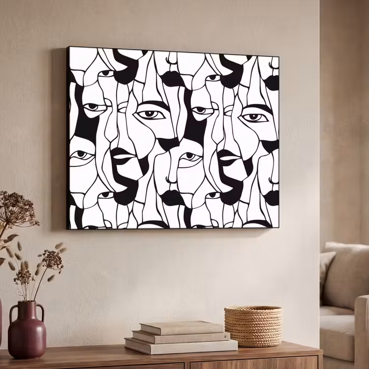 Lijnen - Gezichten - Zwart - Wit Textielframe zwart klein 947 -sfeer3