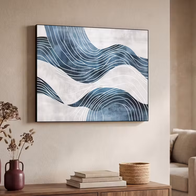 Lijnen - Golven - Abstract - Blauw Textielframe - compleet frame klein -sfeer3