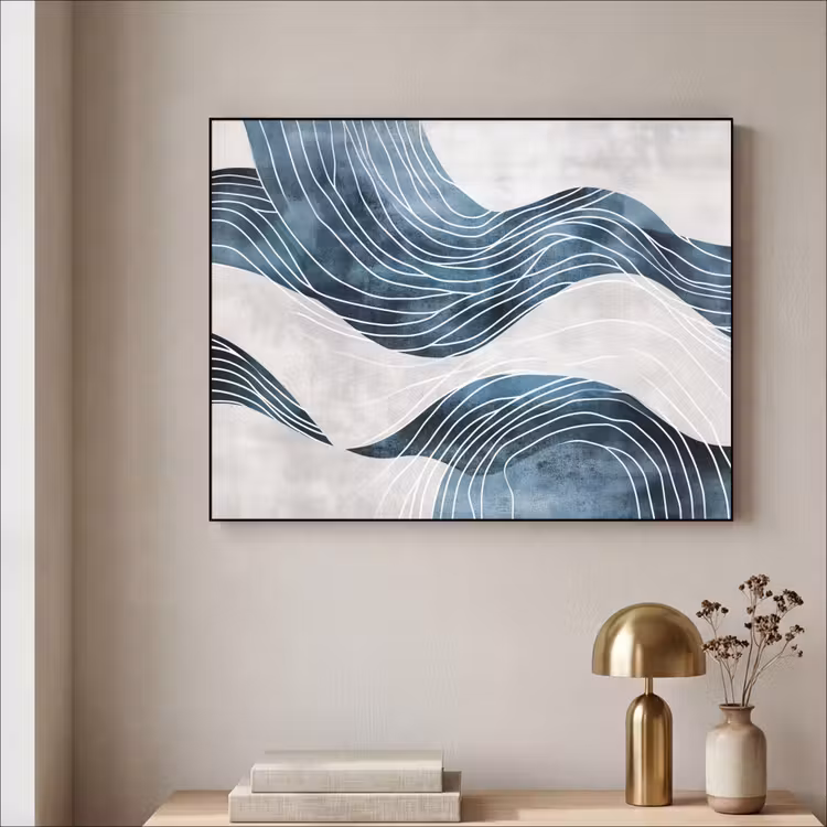Lijnen - Golven - Abstract - Blauw Textielframe - compleet frame klein -sfeer2