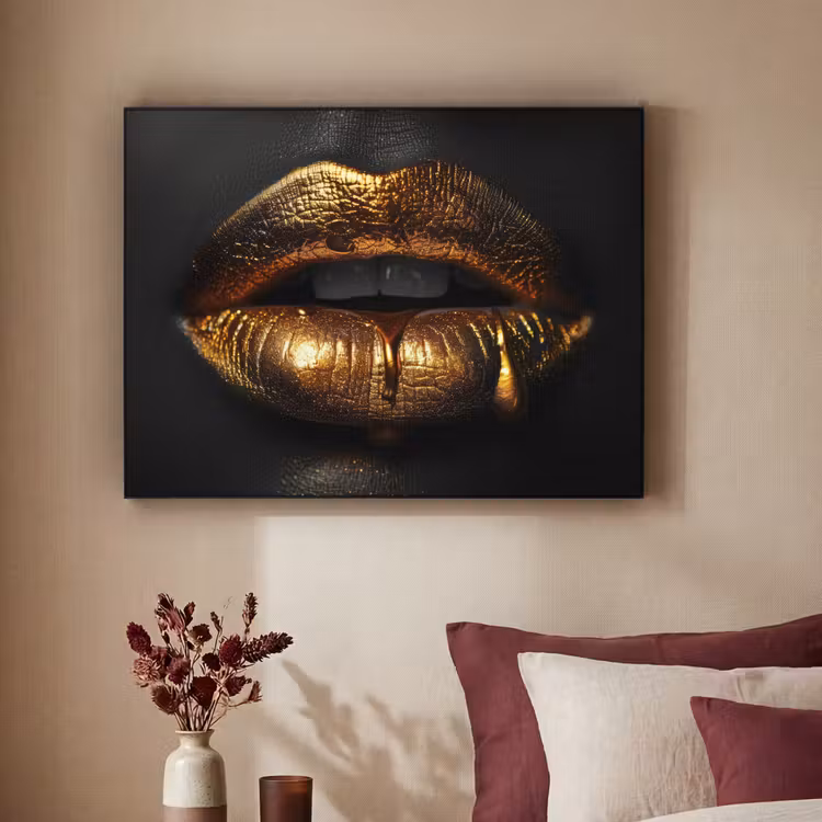 Lippen - Goud - Abstract - Zwart - Aesthetic Textielframe zwart klein -sfeer1