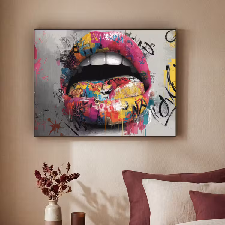 Lippen - Graffiti - Expressief Textielframe zwart klein -sfeer1