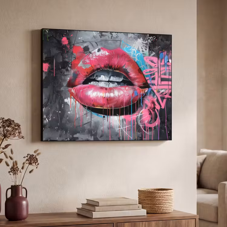 Lippen - Felroze - Graffiti - Verfstrepen Textielframe - compleet frame klein -sfeer3