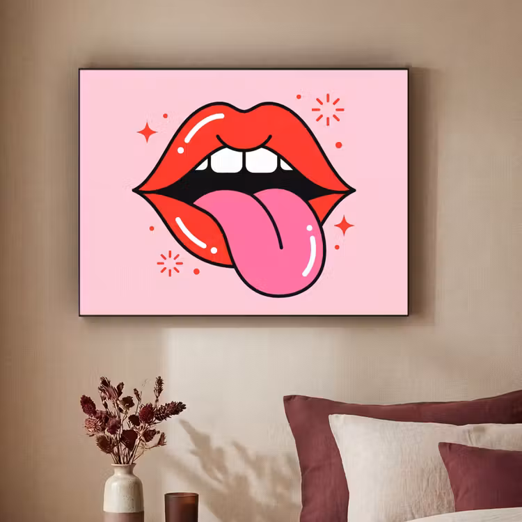 Lippen - Tong - Pop-art - Kleurrijk - Roze Textielframe zwart klein -sfeer1