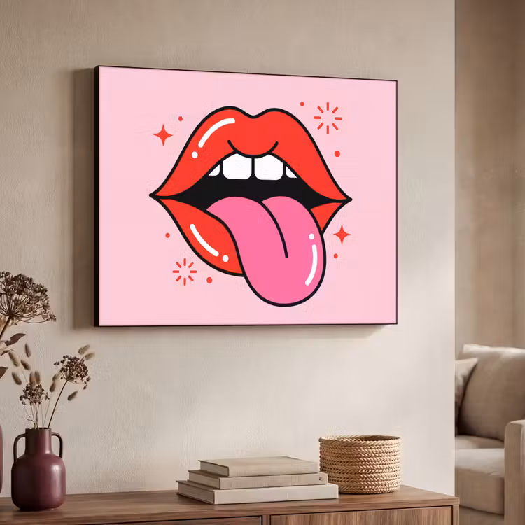 Lippen - Tong - Pop-art - Kleurrijk - Roze Textielframe zwart klein -sfeer3